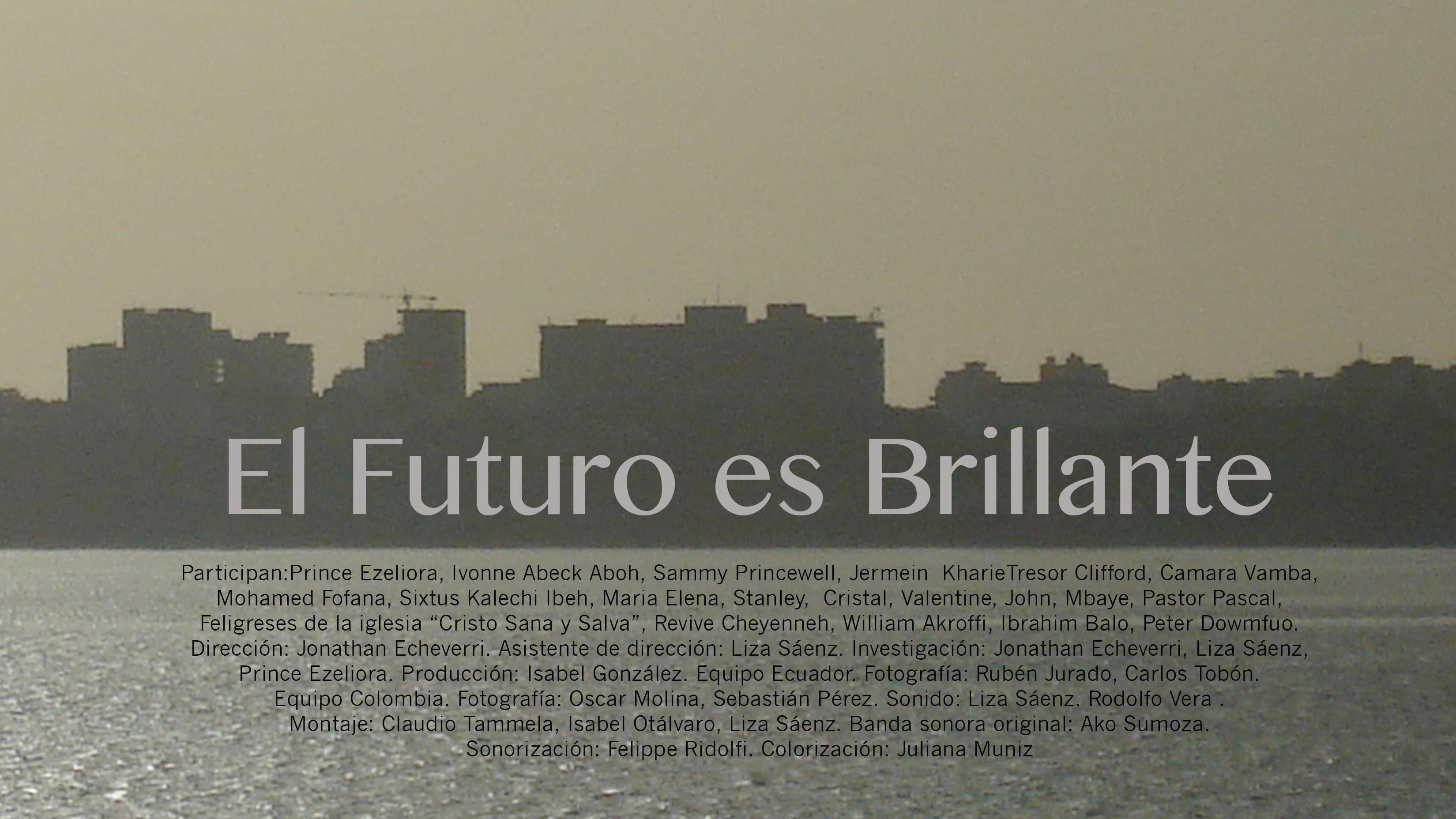 perfis de edifícios na contraluz à beira rio, com o texto "el futuro es brillante"